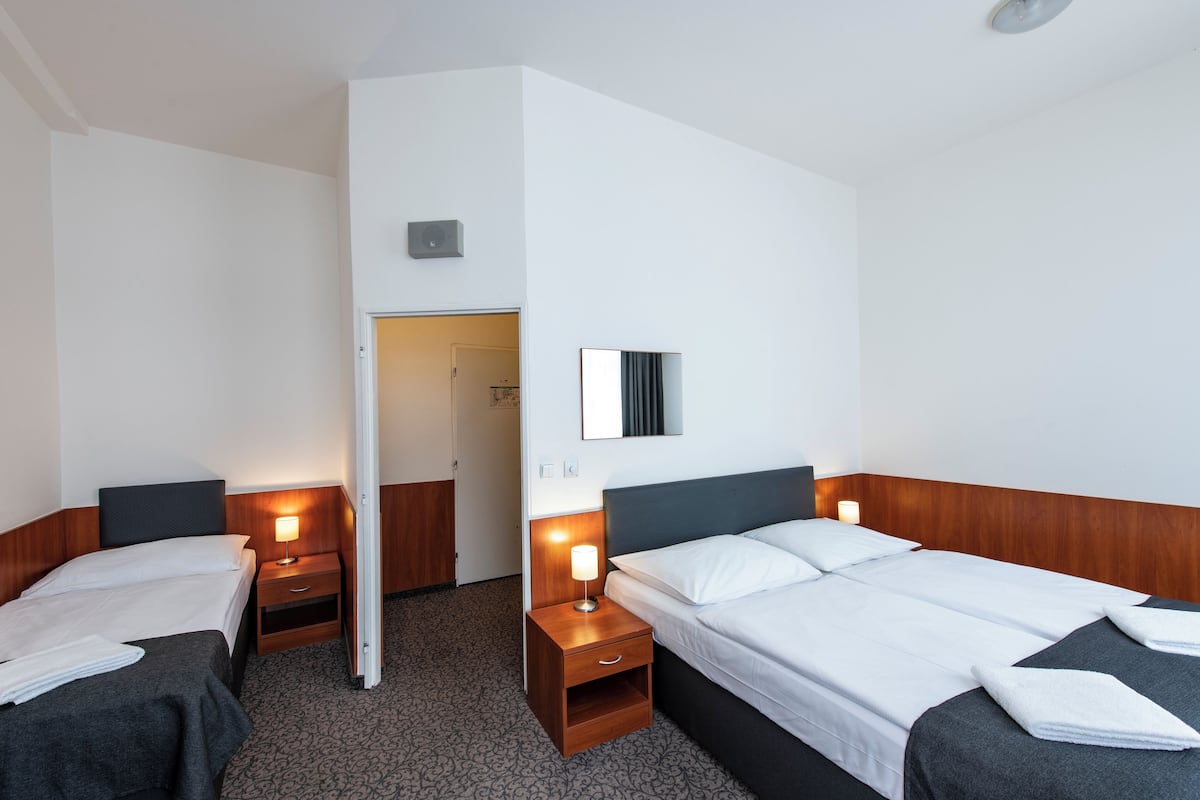A hotel room with two single beds, a wooden headboard, a bedside table with a lamp, and a mirror on the wall.
