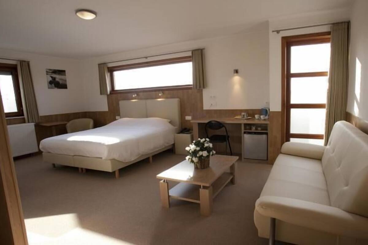 A hotel room with two beds, a sofa, a small table with a vase, a desk, and a chair.