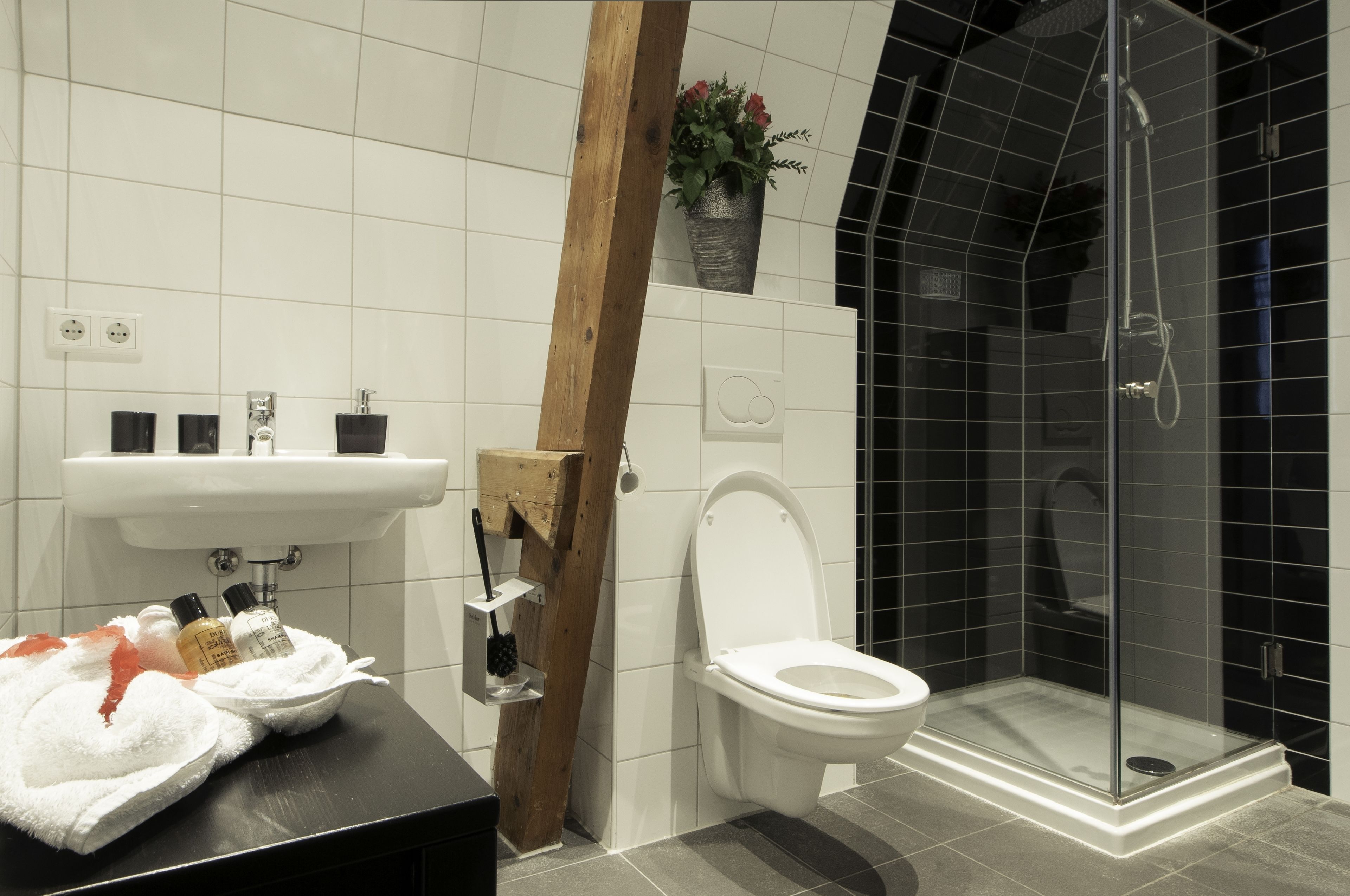 shower, free toiletries, hair dryer, towels