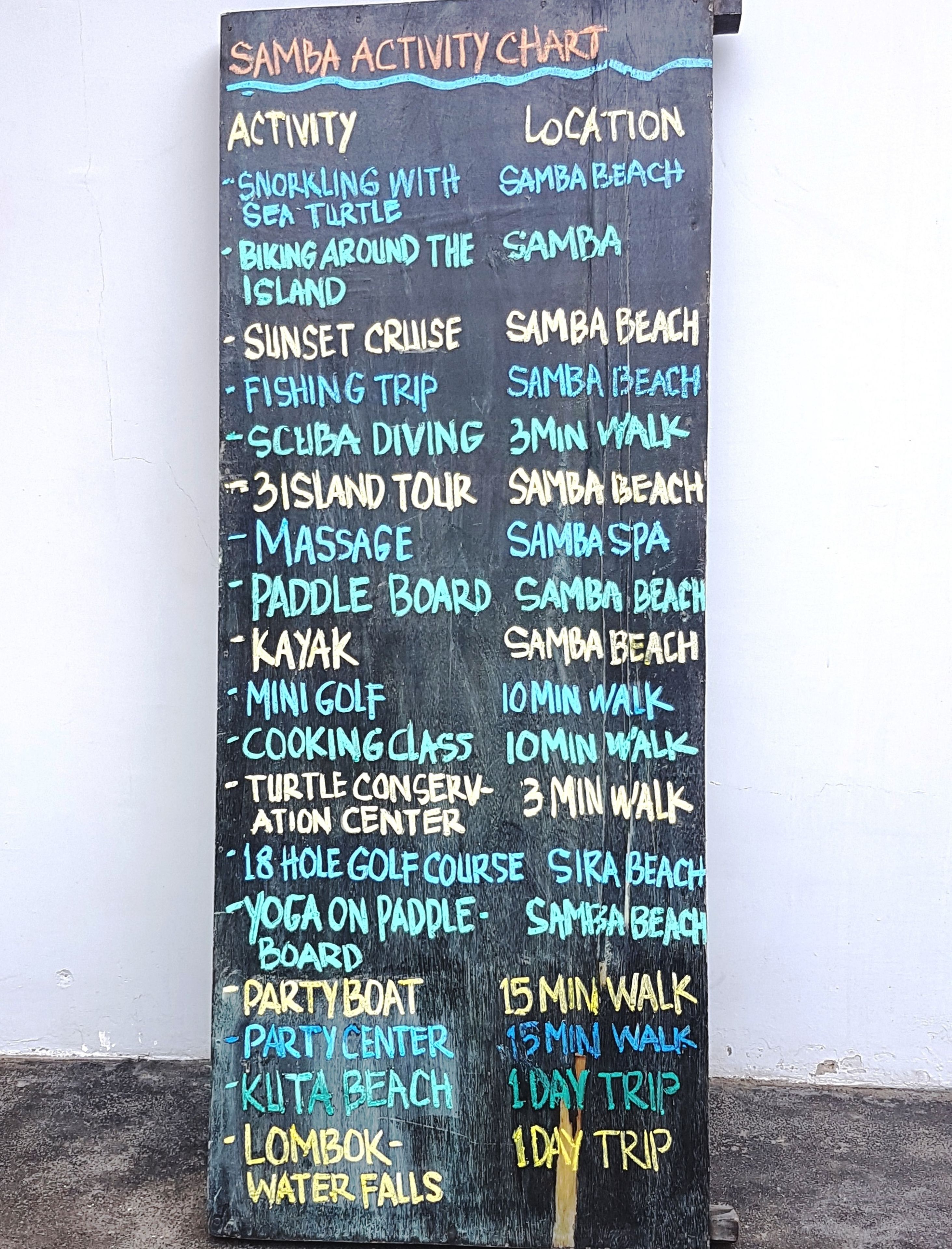 Una pizarra con una lista de actividades y sus ubicaciones en Playa Samba.