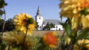 A church with a tall steeple and a white facade, surrounded by greenery and flowers. - Hotel Korning B&B  (Horsens)