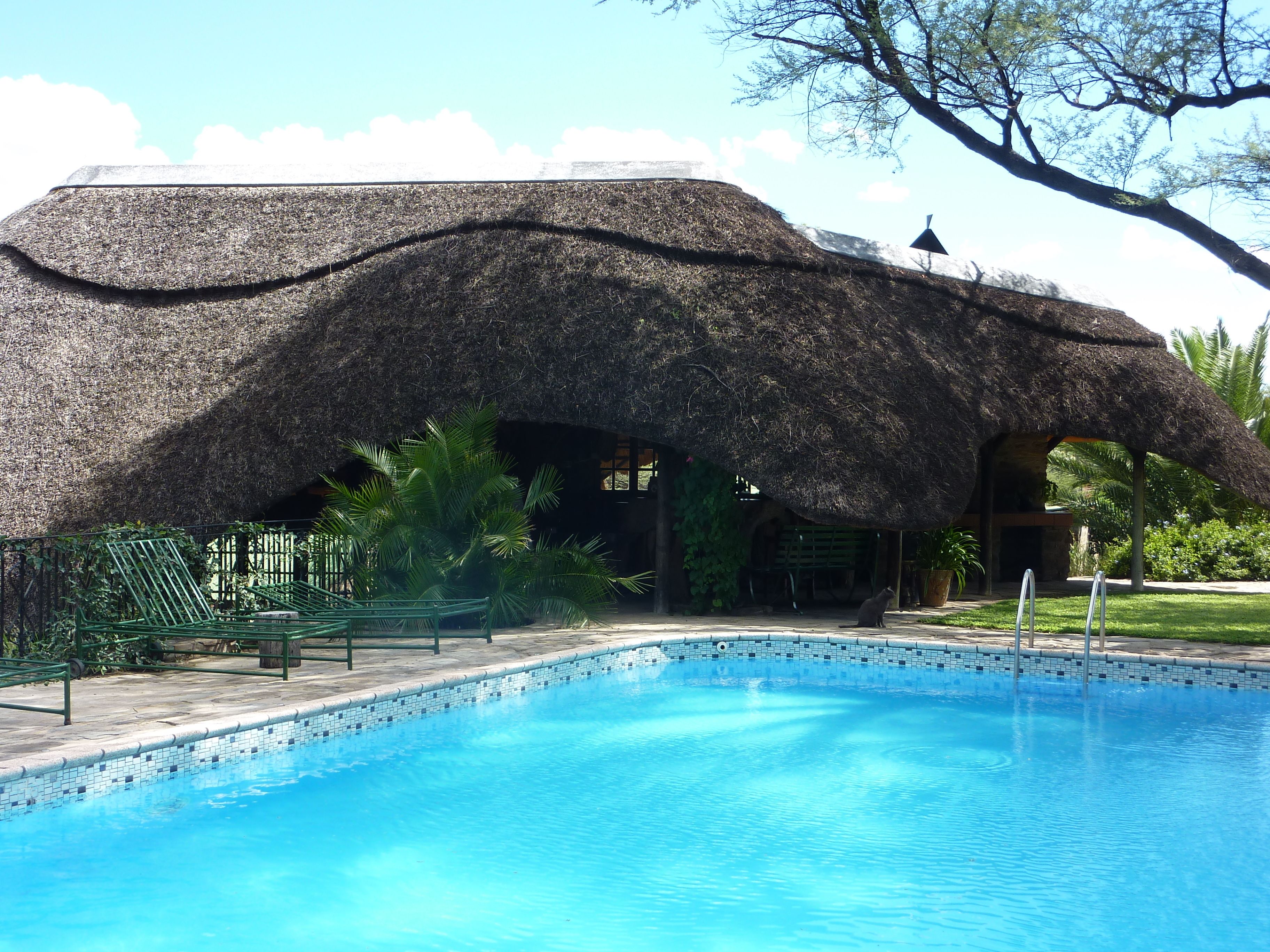 Een buitenzwembad en ligstoelen