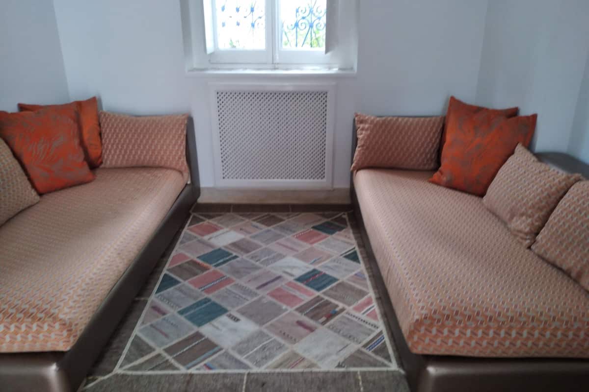 A room with two sofas facing each other, a patterned rug, a window with a white radiator, and a white wall.