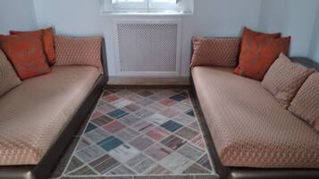 A room with two sofas facing each other, a patterned rug, a window with a white radiator, and a white wall.