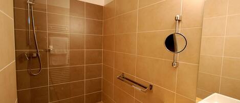 Un baño con ducha, lavabo y espejo.