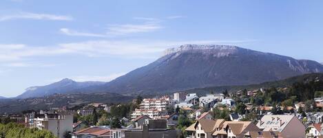 A residential area with a mountain in the background.