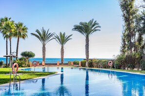 Seasonal outdoor pool, pool umbrellas, pool loungers