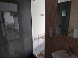 A bathroom with a mirror, a sink, and a shower area.
