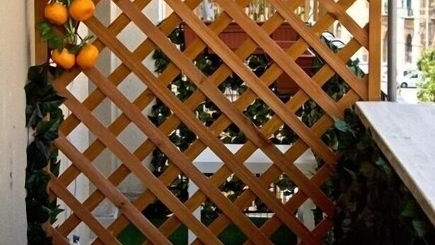 Una verja de madera con celosía y un arco decorativo, con follaje verde y flores anaranjadas.