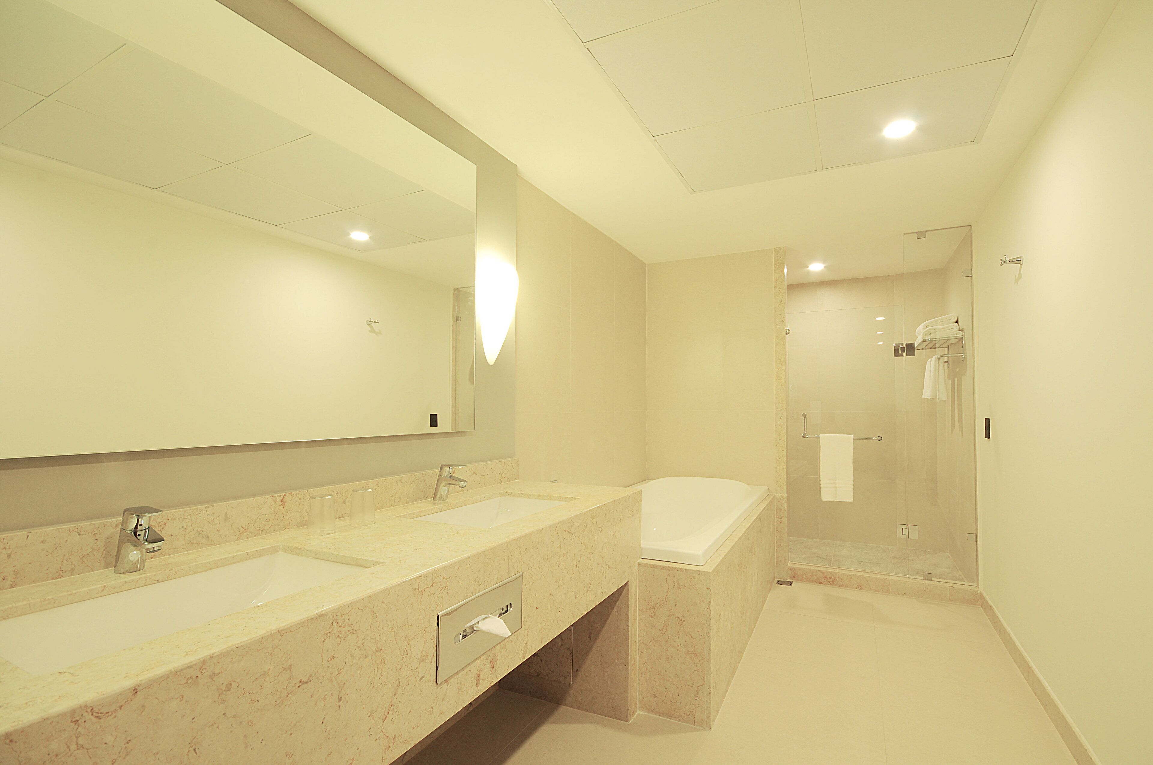A modern bathroom with two sinks, a large mirror, and a walk-in shower.