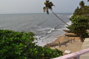 A beach with waves, a palm tree, and a wooden fence. - Hotel Framotel Kribi (Kribi)