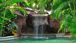 A waterfall cascading into a clear pool surrounded by lush greenery. - Hostel La Choza Inn (La Fortuna)