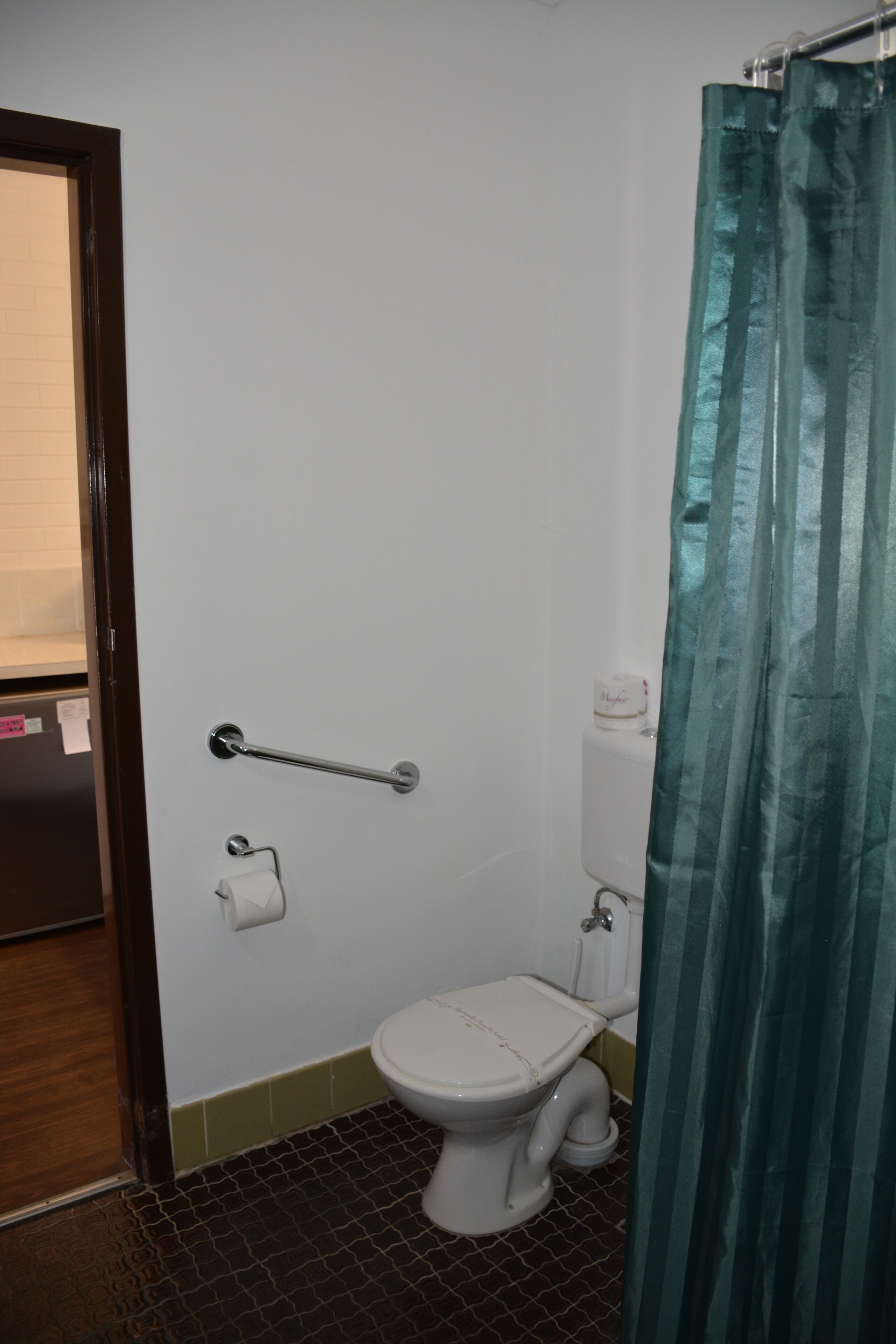 A bathroom with a white toilet, a grab bar, a roll of toilet paper, and a green shower curtain.