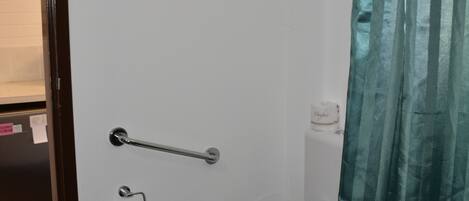 A bathroom with a white toilet, a grab bar, a roll of toilet paper, and a green shower curtain.