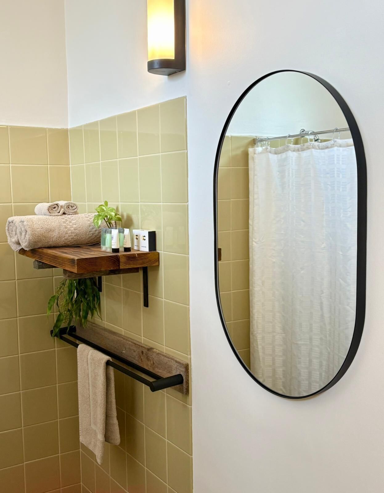 A bathroom with a wooden shelf holding towels and toiletries, a hanging plant, and a large mirror reflecting a shower curtain.