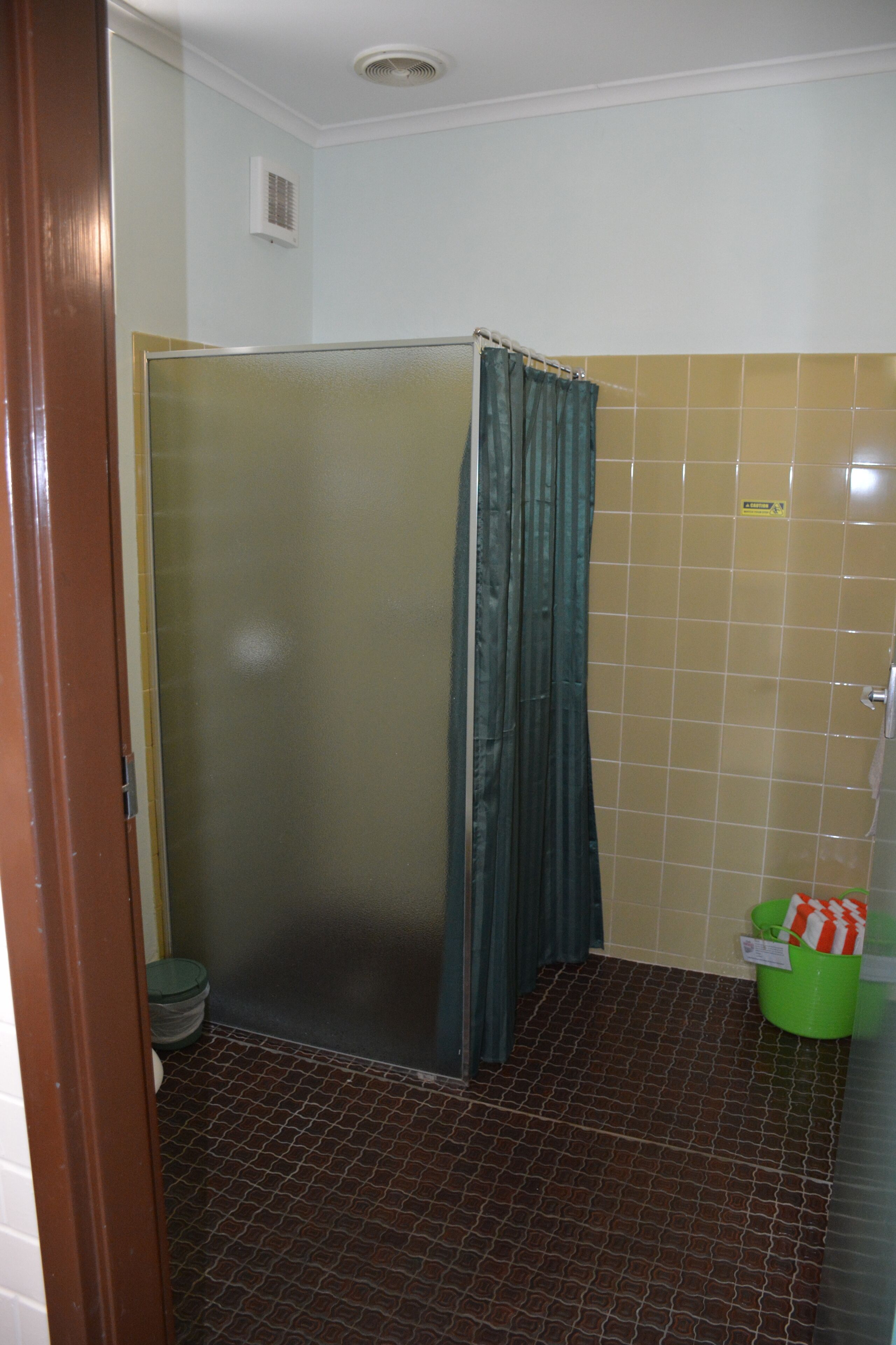 A bathroom with a shower enclosure, a toilet, and a green bucket.