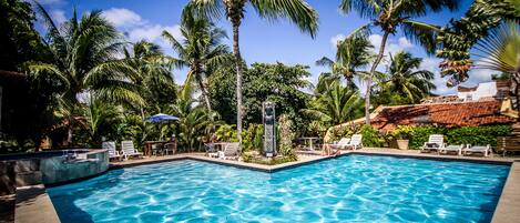 Outdoor pool, pool umbrellas, pool loungers