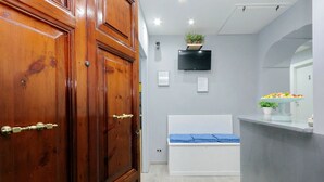 A bathroom with wooden doors, a white bathtub, a mounted TV, and a small potted plant. - Domus Domas & Boutique   (Rome)