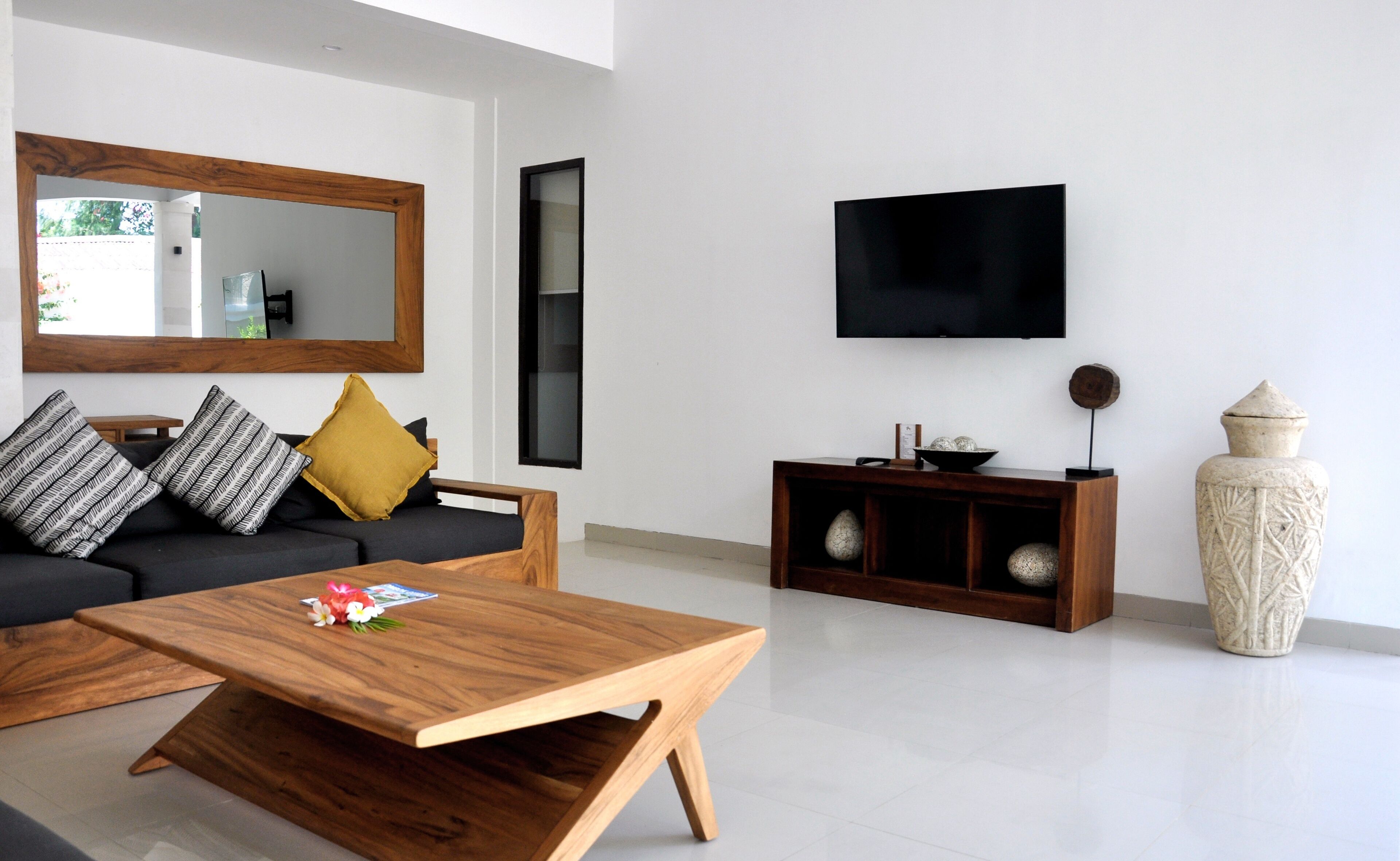 villa, 2 bedrooms, private pool | living area | 50-inch lcd tv with satellite channels