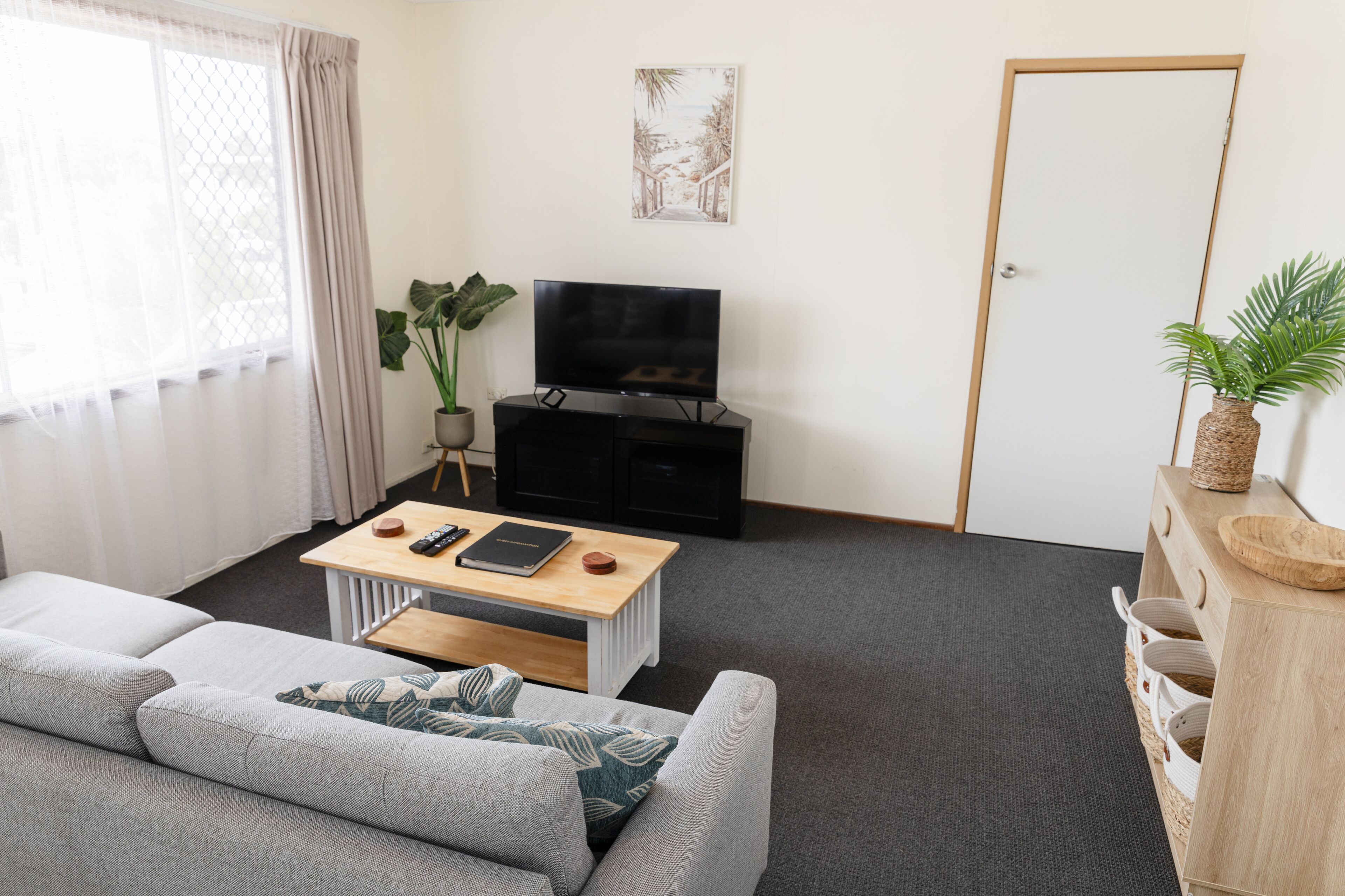 Una sala de estar moderna con un sofá gris, una mesa de centro, un televisor sobre un mueble negro, una puerta y una planta.