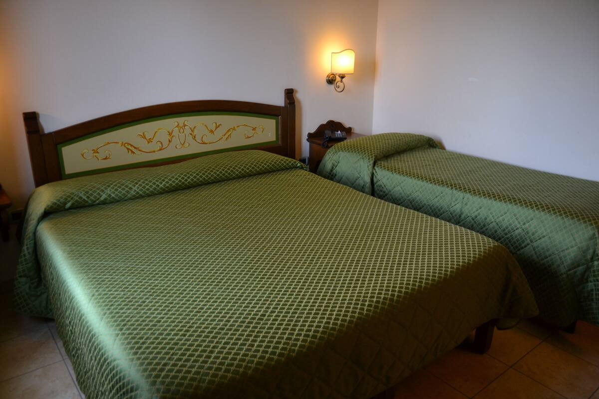 A room with two beds, each with green bedding and a wooden headboard. There is a nightstand with a lamp between the beds.