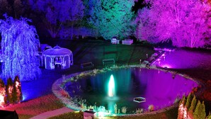 Un jardín con un estanque, un pabellón y una fuente.