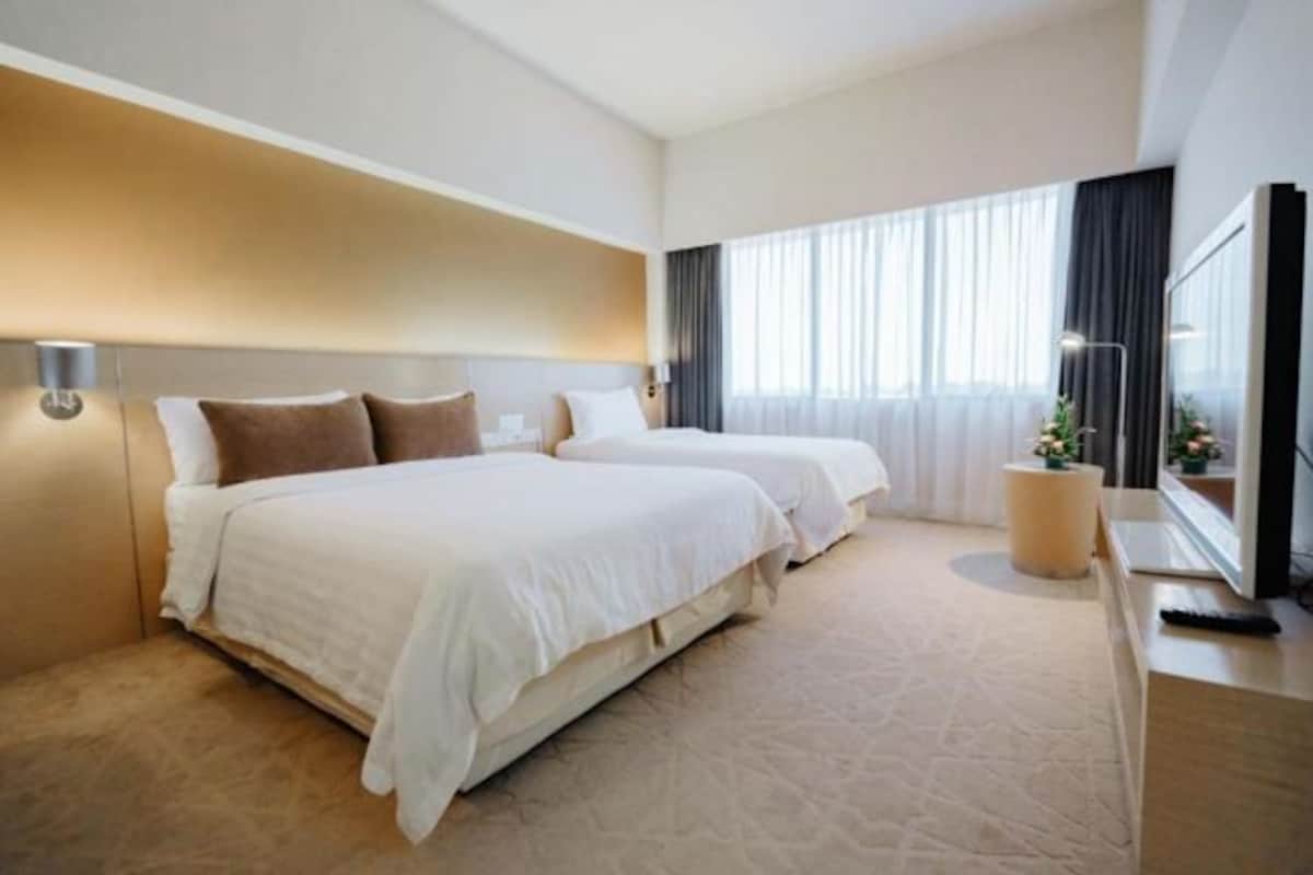 A hotel room with two beds, a large window with curtains, a flat-screen TV, and a small plant.