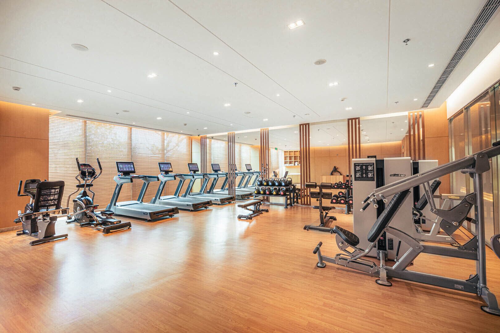 A gym with multiple treadmills, weight machines, and free weights.