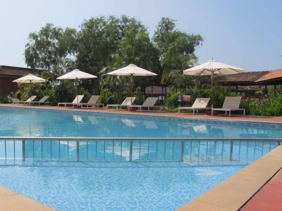 Outdoor pool, pool umbrellas, pool loungers