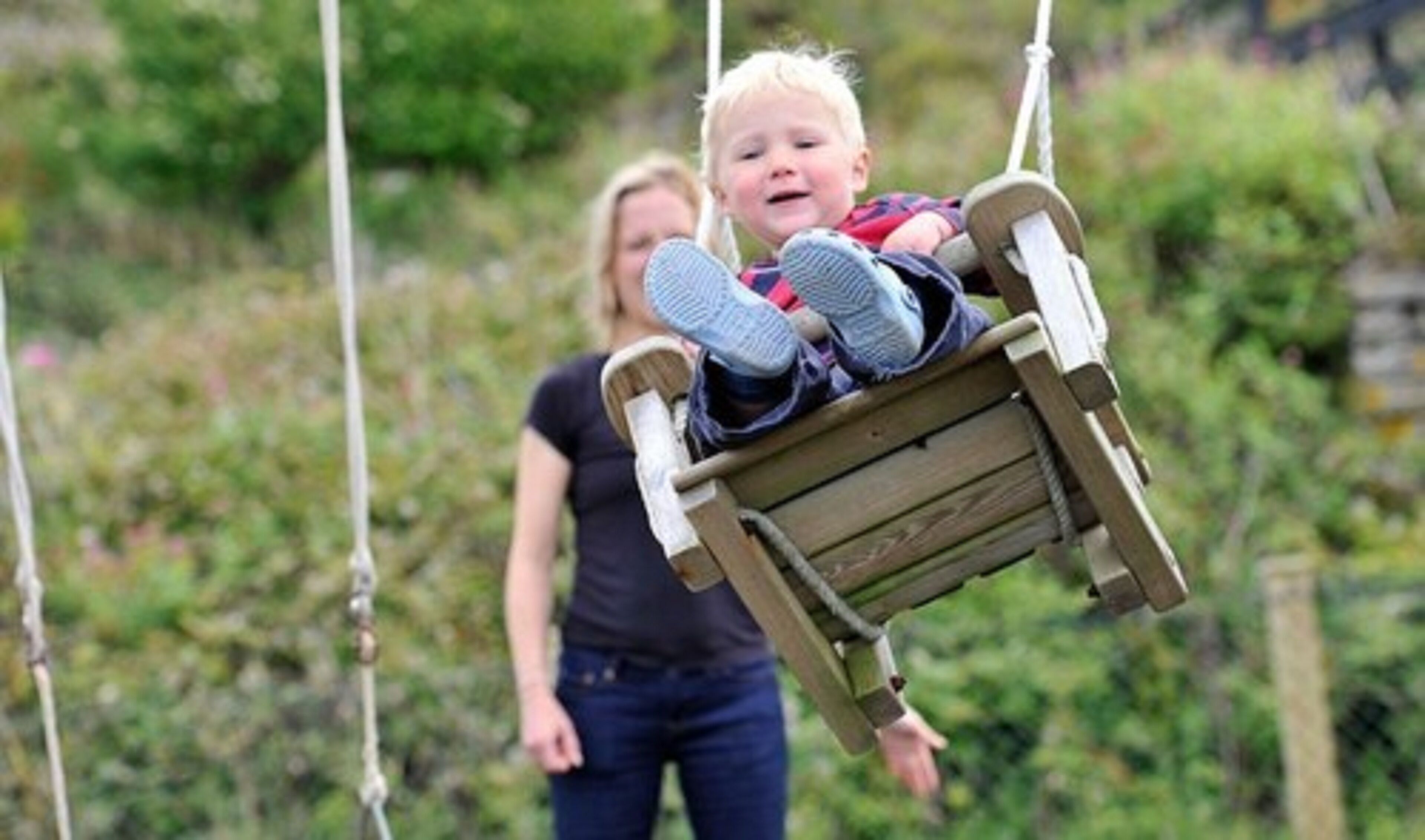 A child on a wooden swing with ropes, set against a backdrop of greenery.