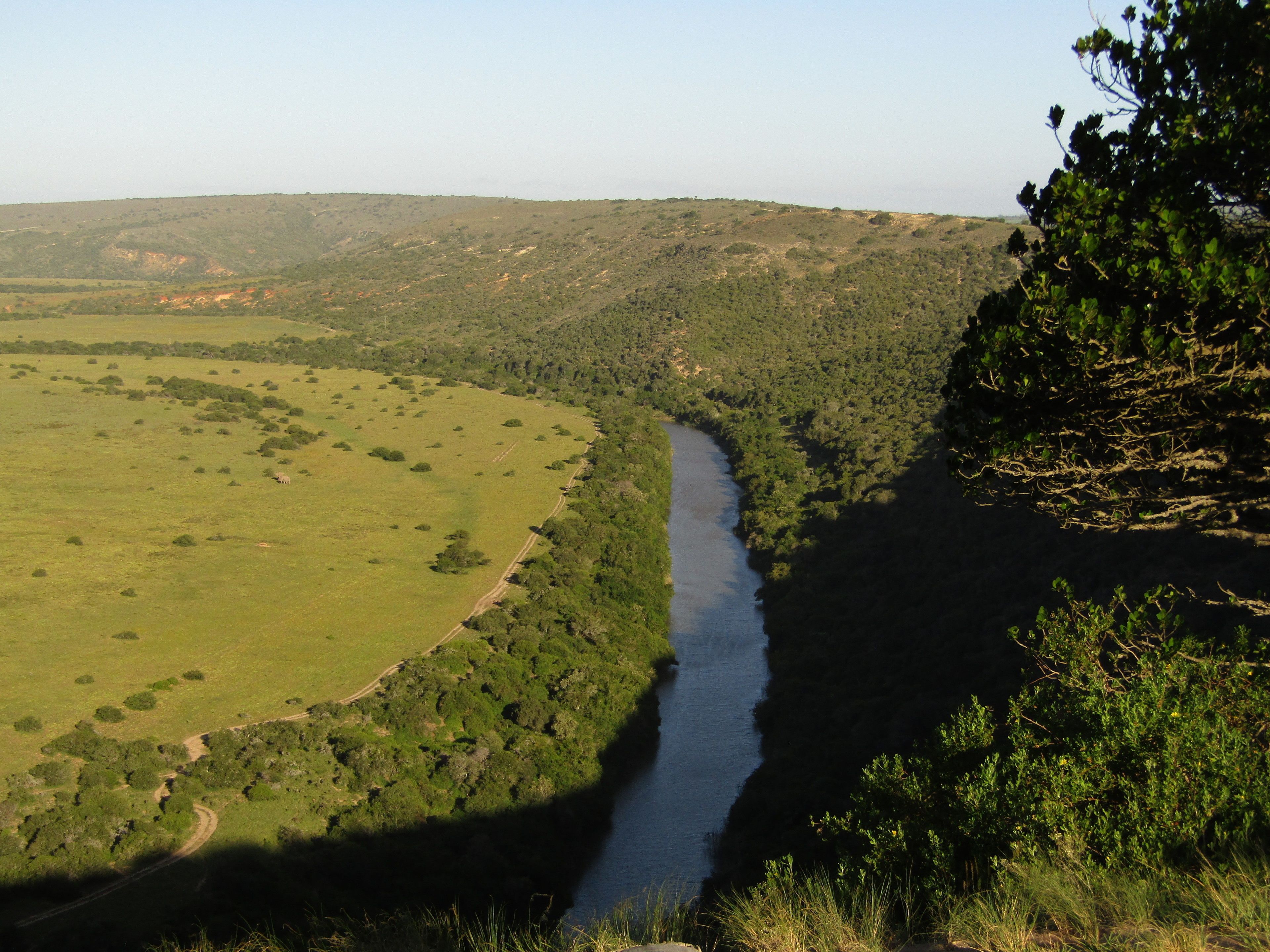 Un río serpentea por un valle verde con un sendero de tierra a lo largo de la orilla.