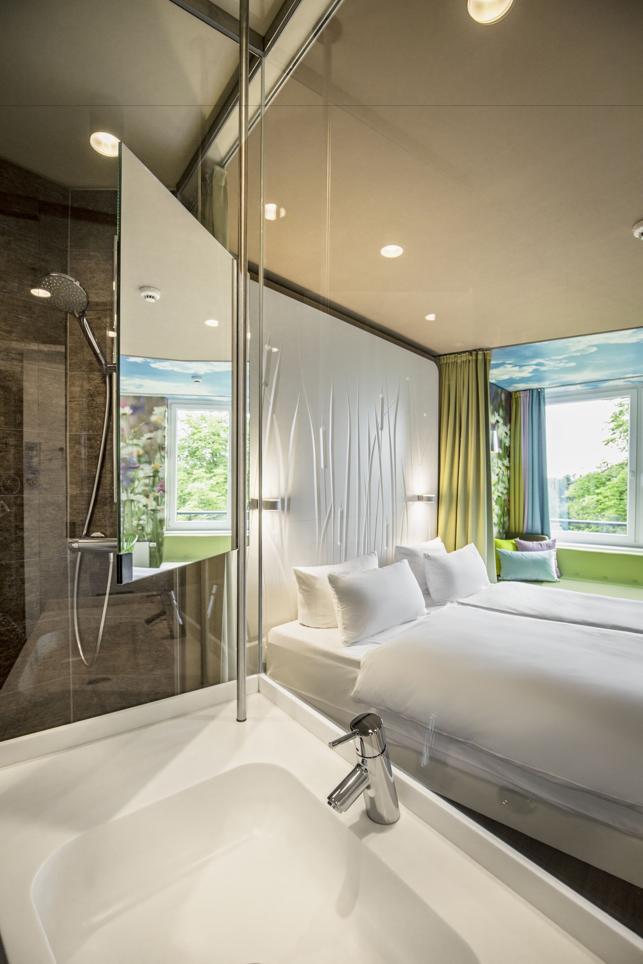 double room nature | bathroom | shower, rainfall showerhead, hair dryer, bathrobes
