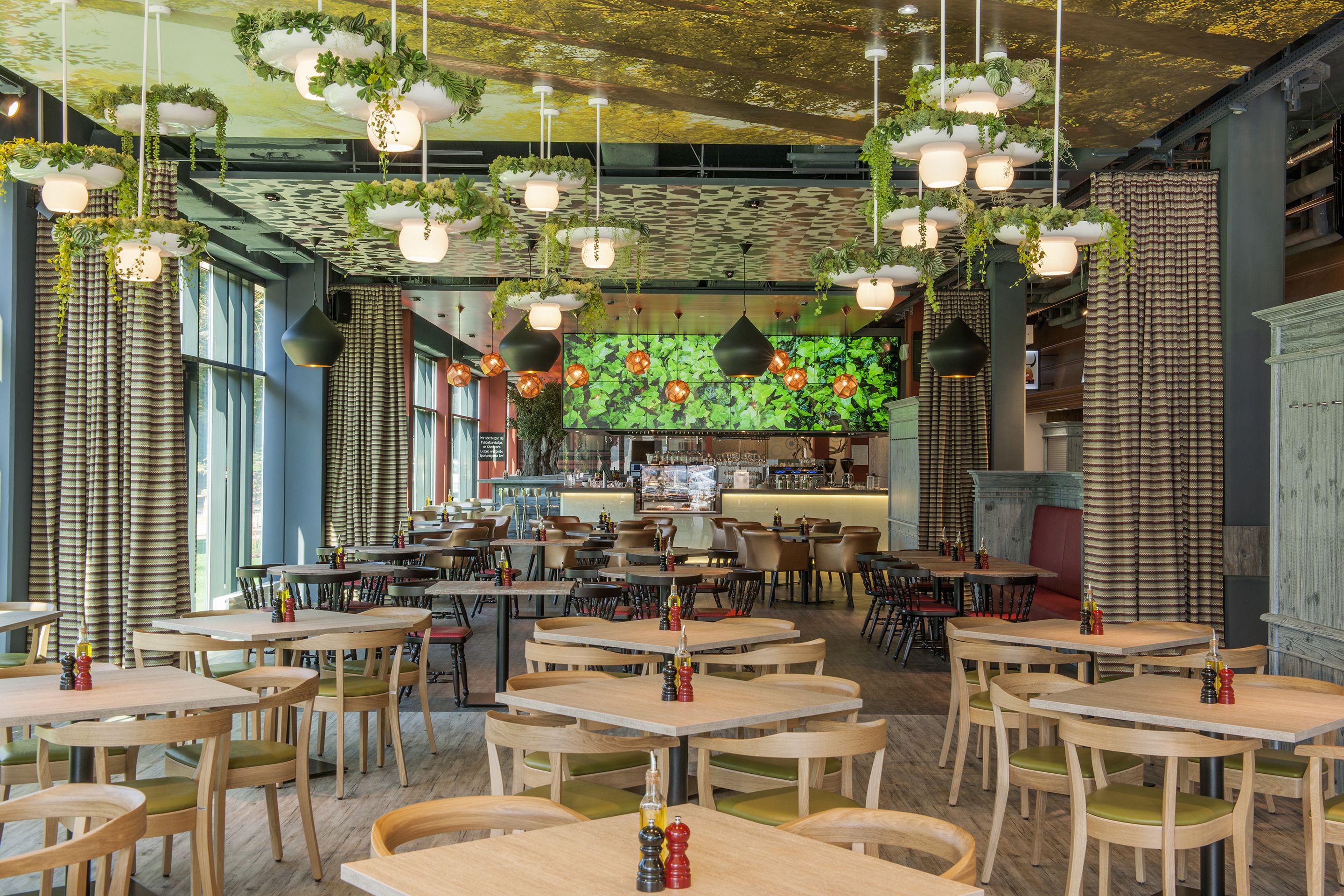 A restaurant interior with multiple wooden tables and chairs, hanging plants, and a bar area in the background.
