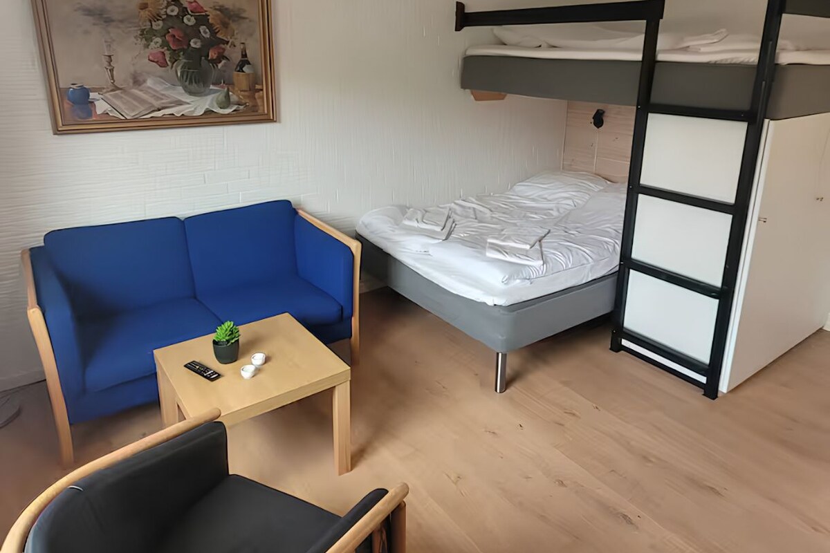 A compact room with a bunk bed, a blue sofa, a small table, and a chair.