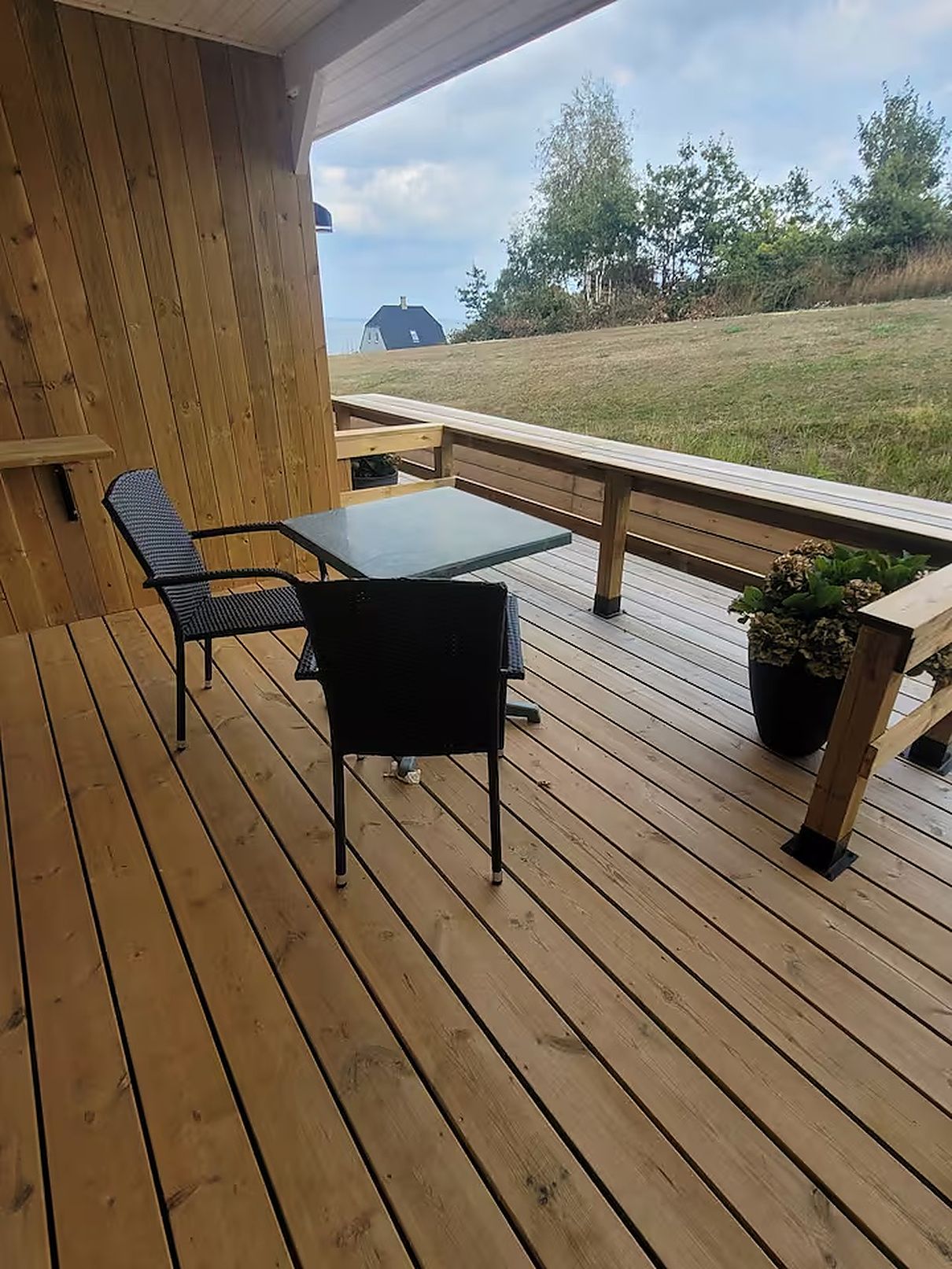 A wooden deck with a table and chairs, a potted plant, and a view of a grassy field and a house in the distance.