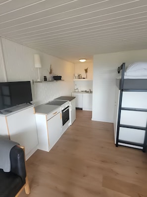 Un espacio habitable compacto con kitchenette, comedor y cama litera.