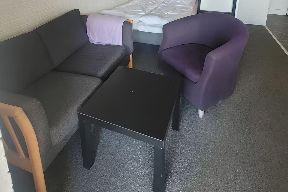 A compact room with a bunk bed, a sofa, a small table, and a chair.