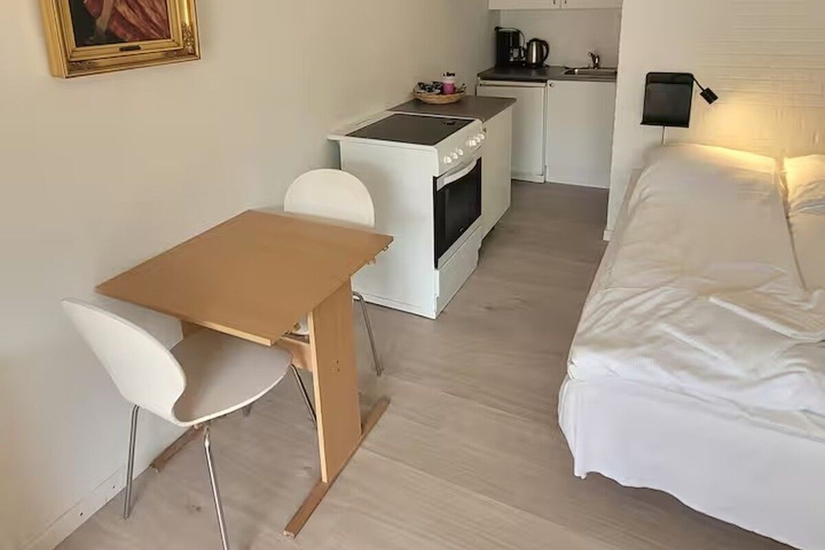 A compact room with a bed, a small table, a chair, a kitchenette, and a painting on the wall.