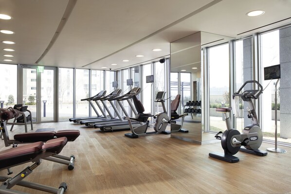 Un gimnasio moderno con máquinas de cardio, bancos de pesas y un amplio ventanal que proporciona luz natural.