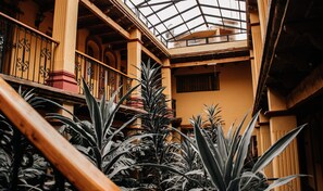 A multi-level atrium with wooden railings, a glass ceiling, and large potted plants. - Hotel Diego de Mazariegos (San Cristóbal de las Casas)