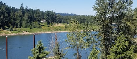 A lakeside view with a dock, trees, and a clear sky.