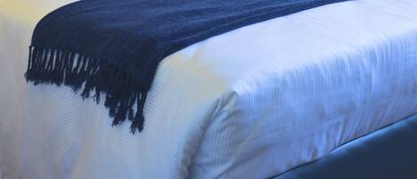 A neatly made bed with white linens and a blue throw blanket, a wall-mounted lamp, and a dark headboard.