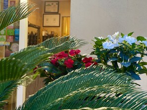 A view of a building entrance with a glass door, framed certificates on the wall, and a variety of potted plants with red and white flowers. - Hotel De La Ville Relais (Fiumicino)