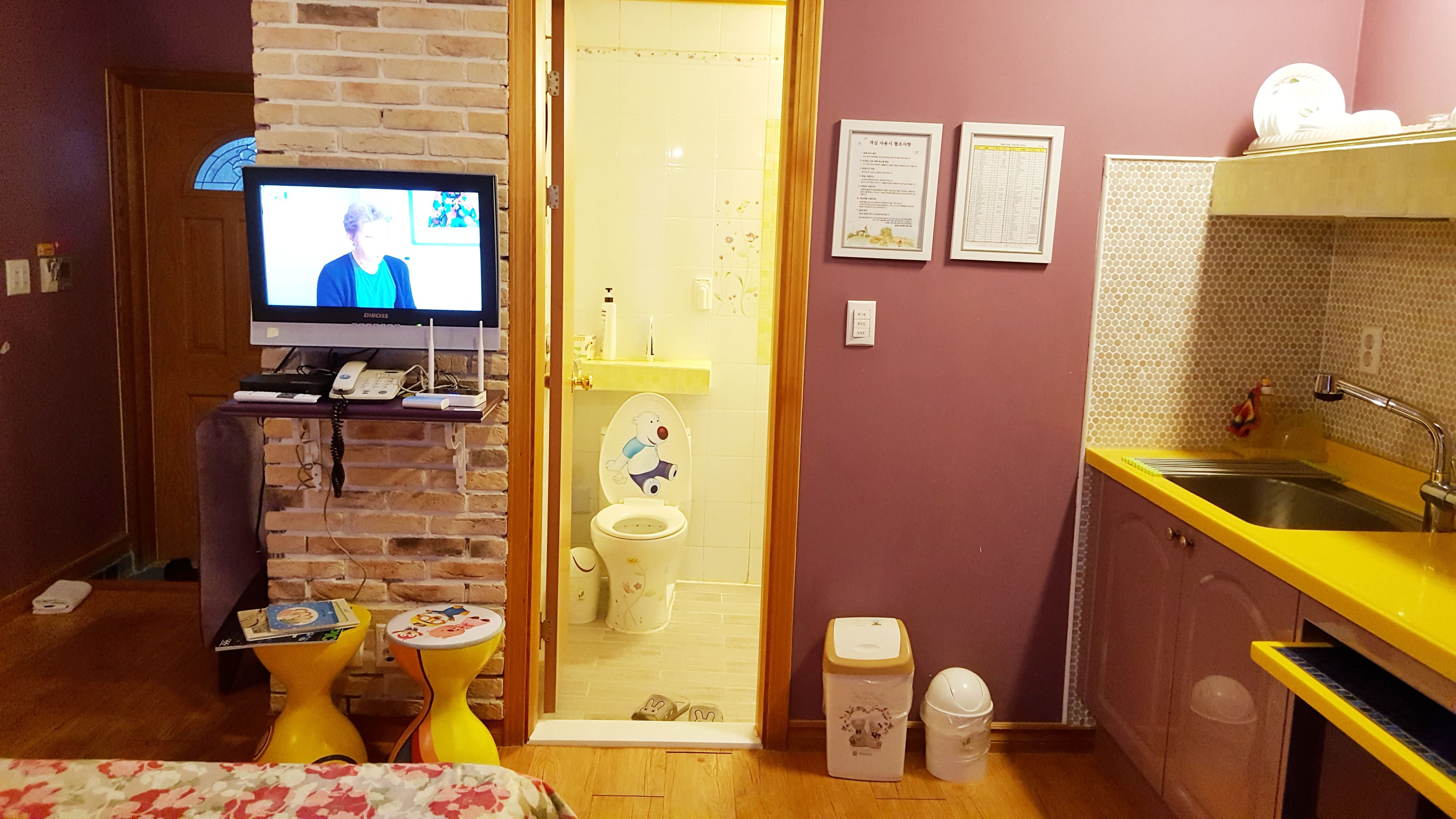 A compact room with a television, a toilet with a cartoon character, a sink, and a small table with books.