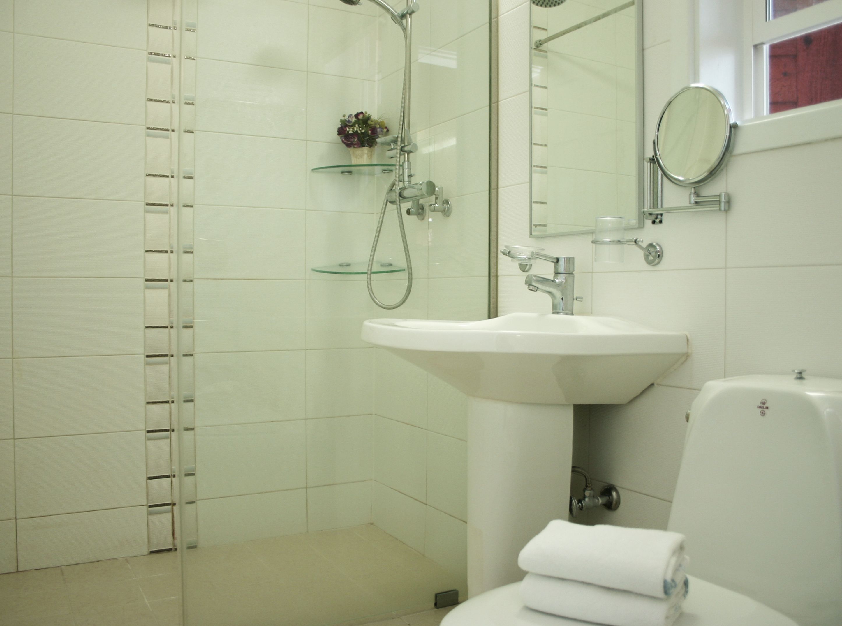A bathroom with a glass shower enclosure, a white sink, and a toilet.