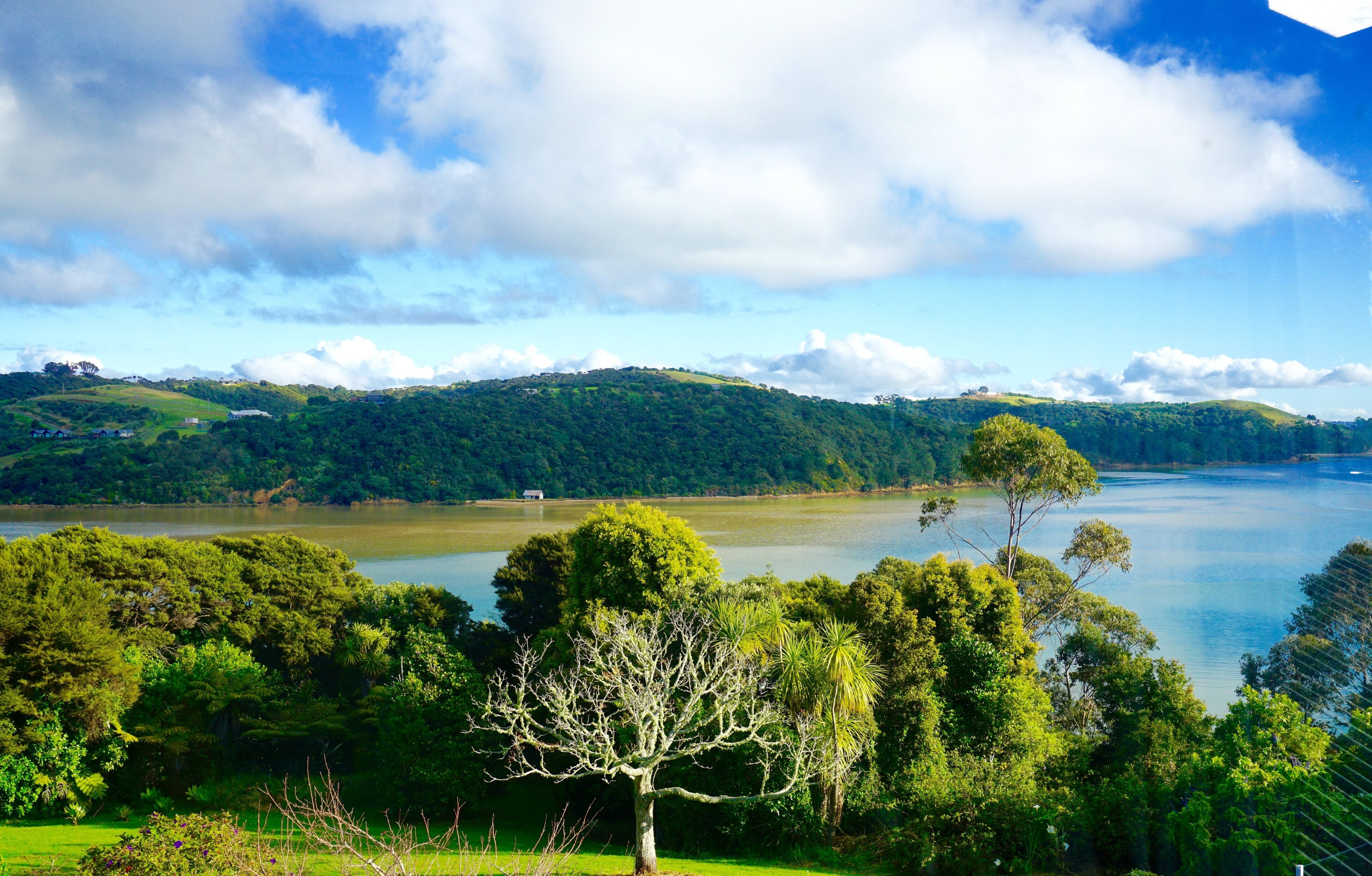 Um lago rodeado por vegetação exuberante e colinas.