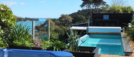 Seasonal outdoor pool, sun loungers