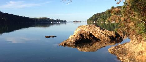 A calm lake with a rocky outcrop on the right and a forested hillside on the left.