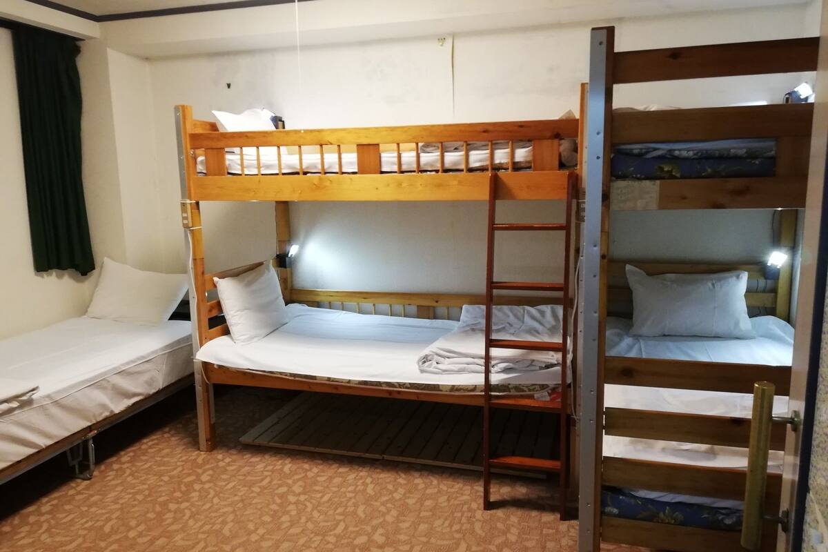 A bunk bed room with a ladder, a small desk, and a patterned carpet.