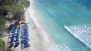 A beach with rows of blue umbrellas and beach chairs, a sandy shoreline, and clear turquoise water. - Villa Almarik (Gili Trawangan)